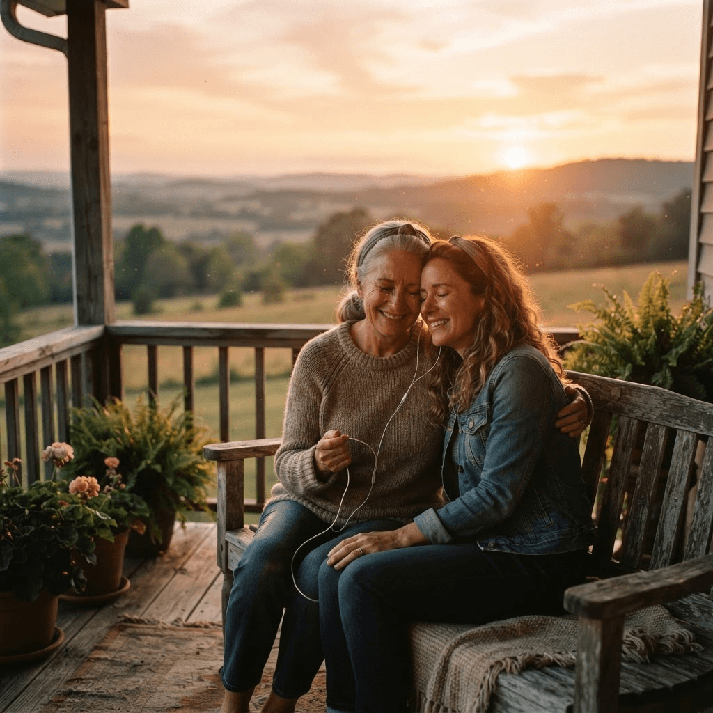 A mother and daughter sitting close together at sunset, sharing headphones and listening to a song
