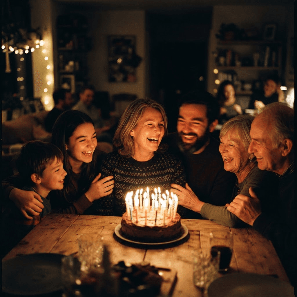 A family gathered around a cake lit by candlelight
