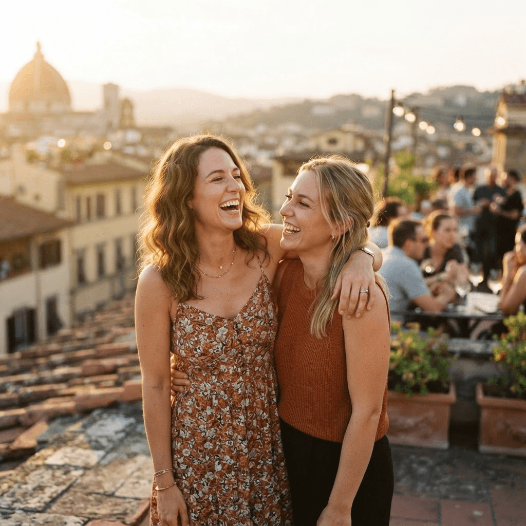 Two lifelong friends laughing together at golden hour