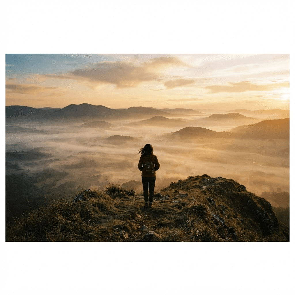 A lone figure looking over a misty golden valley at dawn