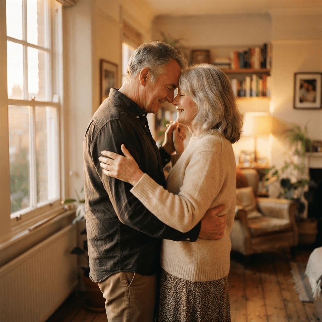 An older couple slow dancing in warm sunlight