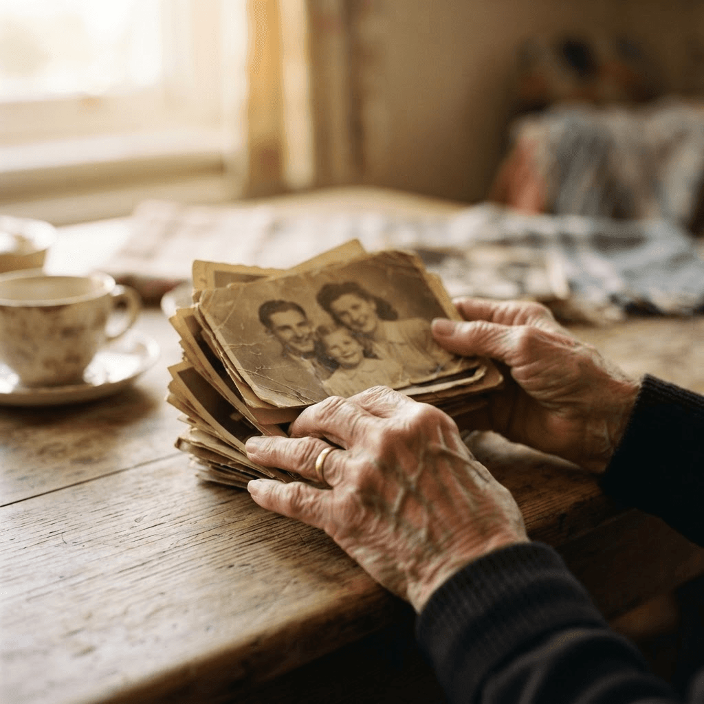 Weathered hands holding old family photographs