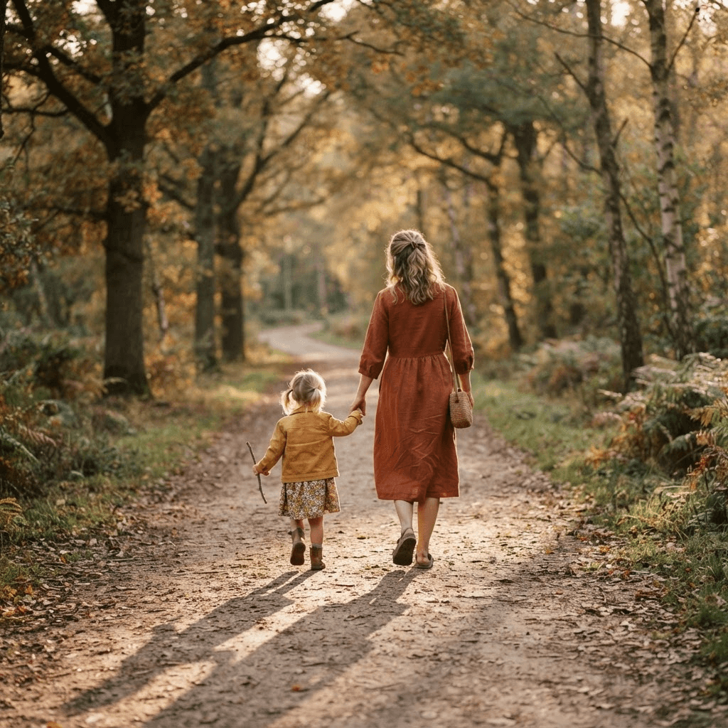 A mother and child walking hand in hand down a sunlit path
