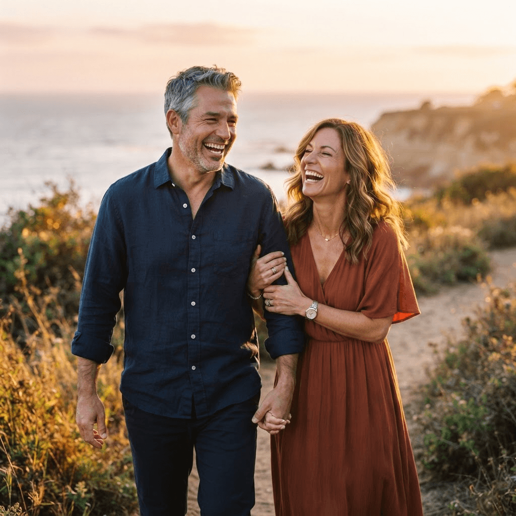A joyful couple in their early sixties laughing together in warm golden-hour light